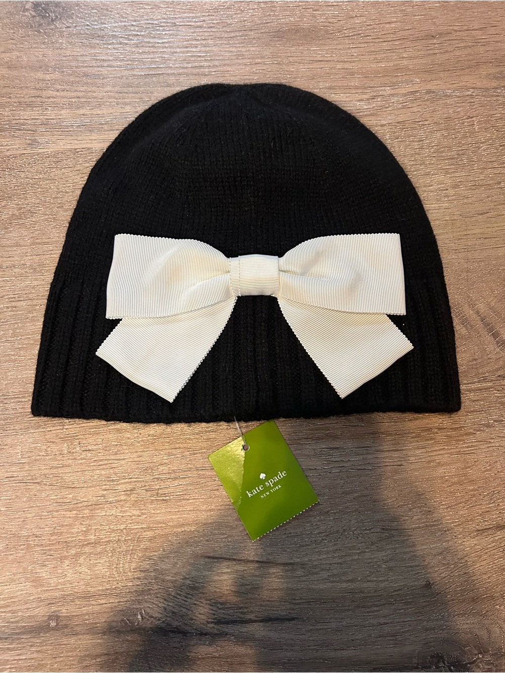 Kate Spade New York Beanie Hat Womens One Size Black Rib Knit Bow